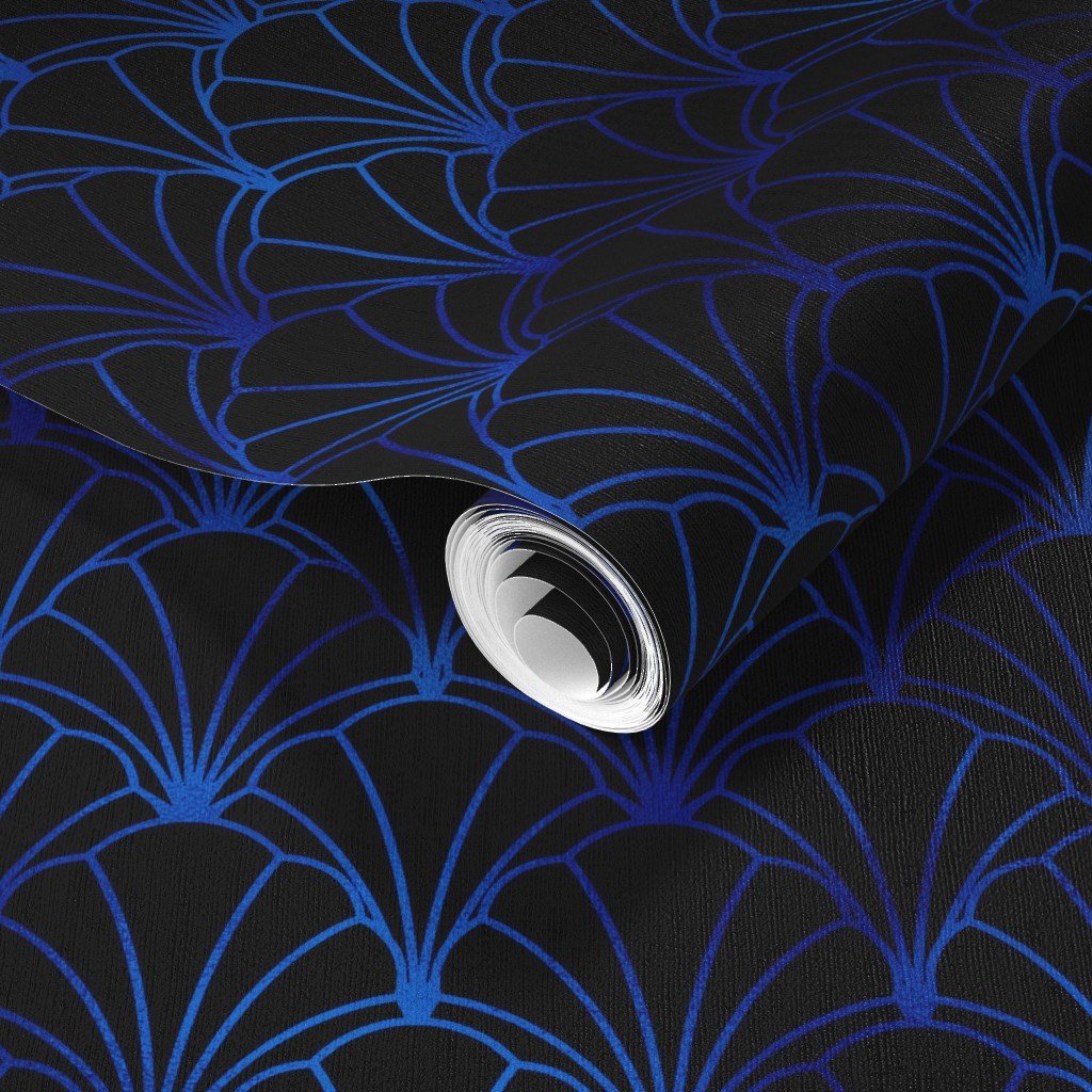 Scallop Shells in Black and Classic Blue Art Deco Vintage Faux Foil Wallpaper black wallpaper