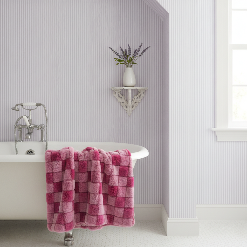 An elegant bathroom alcove decorated with Lavender Mist Pinstripe in an English Country Garden wallpaper, featuring soft lavender and white vertical stripes, with a small white shelf holding a delicate ceramic vase.