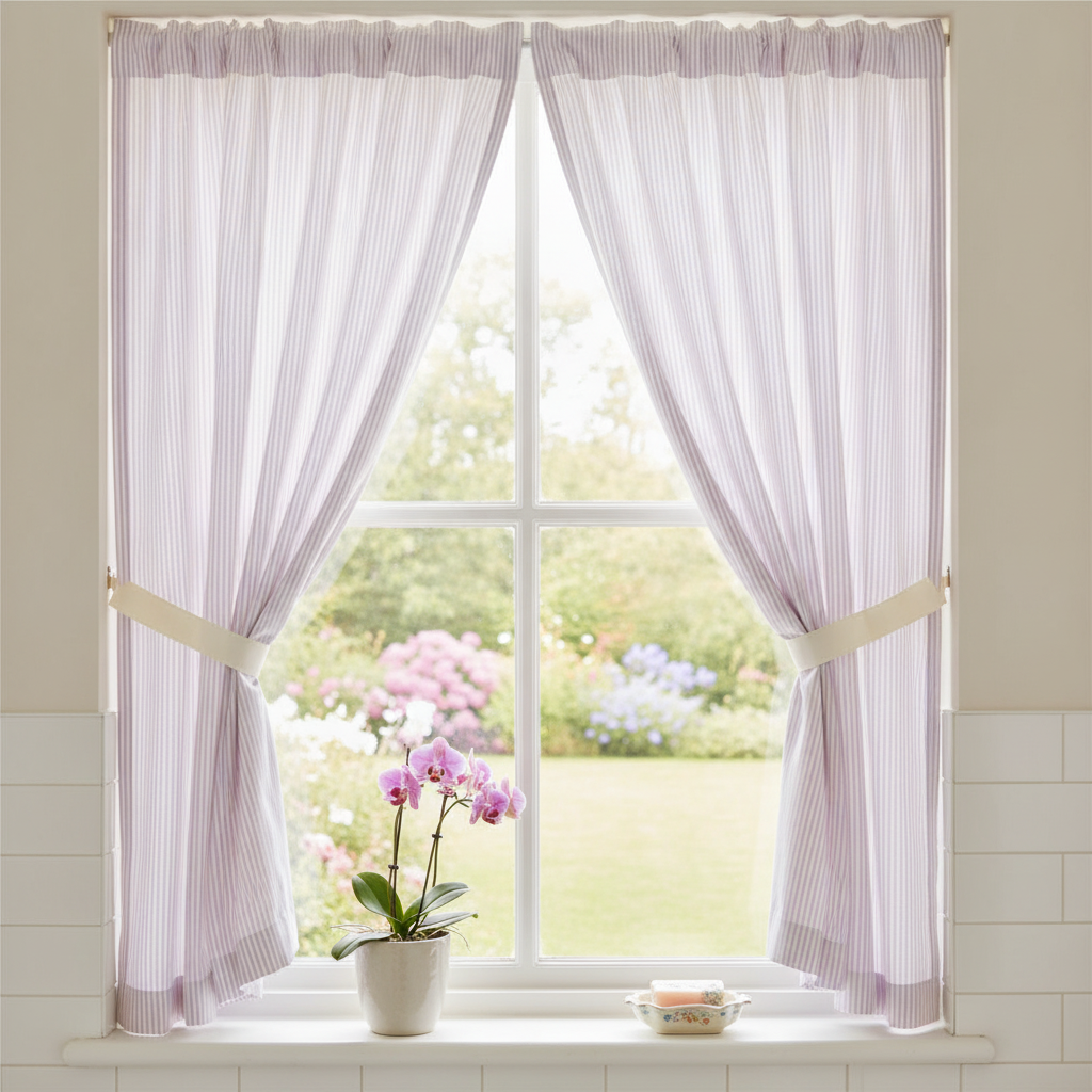 Detail view of a bathroom window adorned with charming cafe curtains made from Lavender Mist Pinstripe in an English Country Garden fabric, tied gently with a cream ribbon to allow light in.