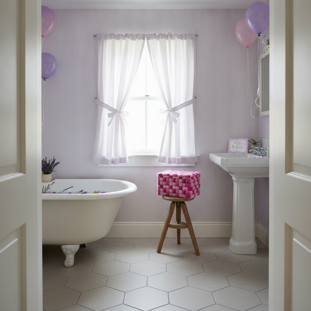 A full view of a cottagecore lavender themed bathroom, bright with natural light, showcasing a wall with lavender pinstripe wallpaper, coordinating cafe curtains, and a small decorative stool with a blush faux fur accent.