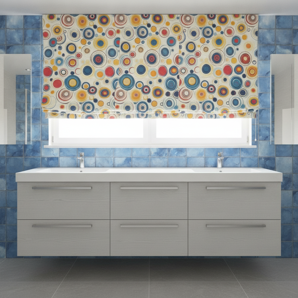 Modern bathroom vanity with a geometric blue and yellow abstract pattern Roman blind over the window.