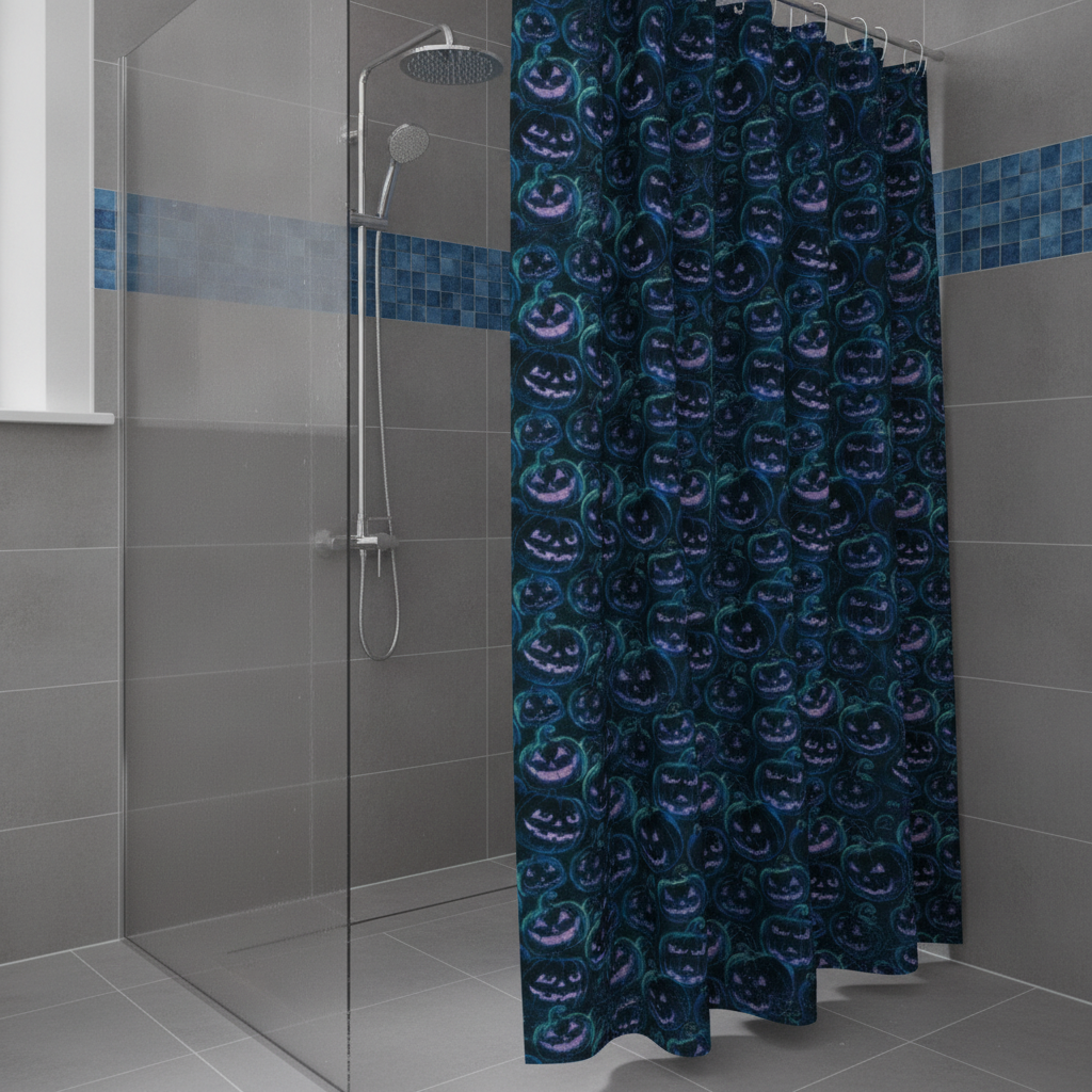 Shower curtain with neon blue and pink glowing pumpkin pattern in a contemporary blue bathroom.