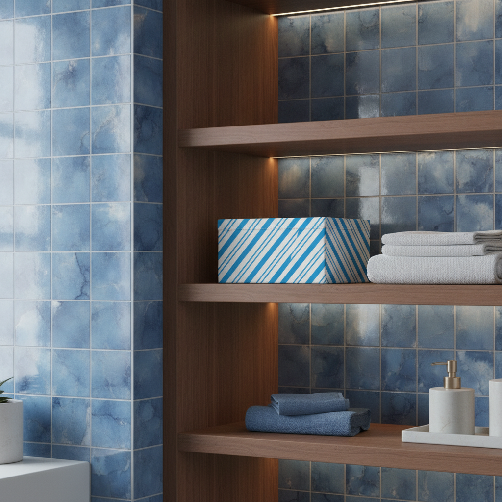 Open shelving in a modern bathroom featuring a striped blue and white fabric storage box.