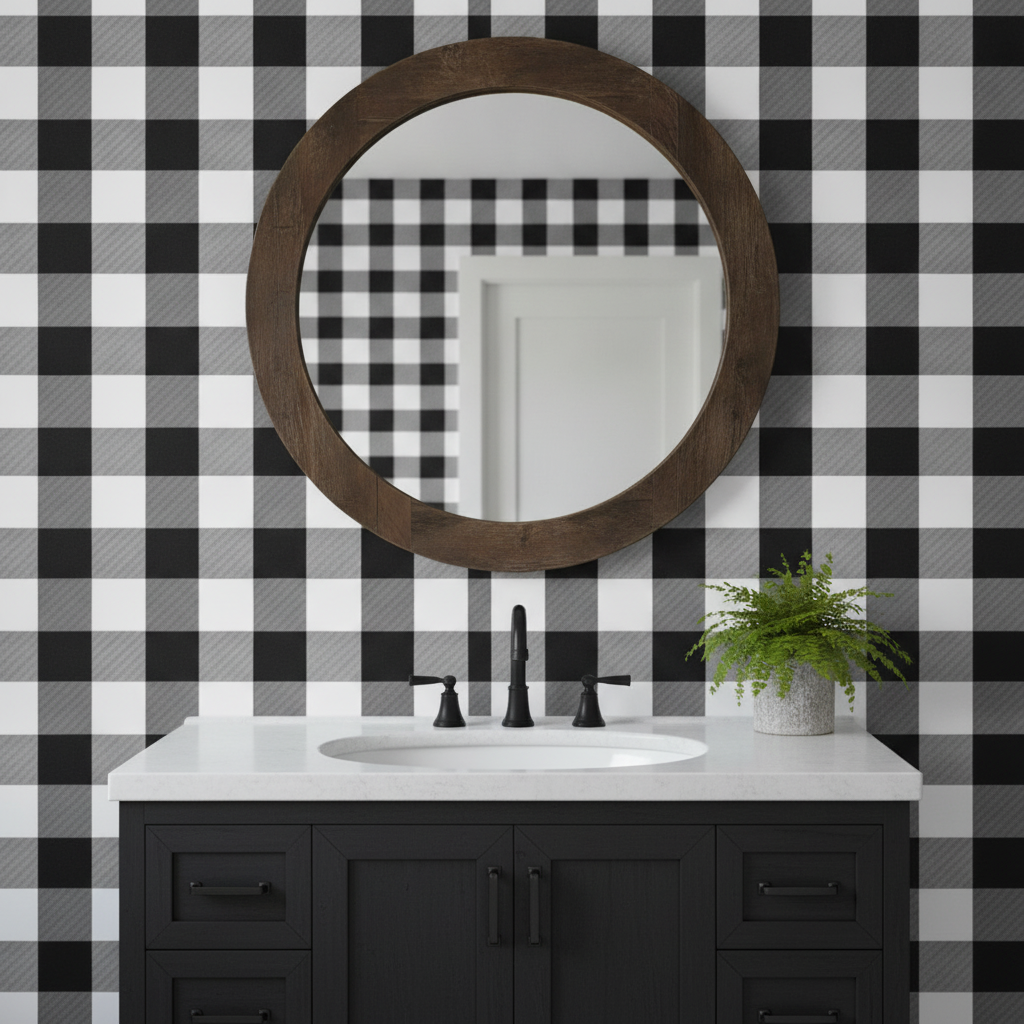 A bathroom feature wall covered in black and white buffalo check wallpaper, behind a black vanity with a dark circular mirror, embodying rustic elegance.