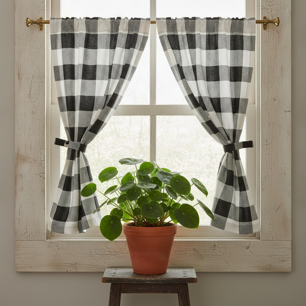 Cafe curtains in a jumbo black and white buffalo check fabric hang on a bathroom window, complemented by a dark wood stool with a plant and brass hardware.