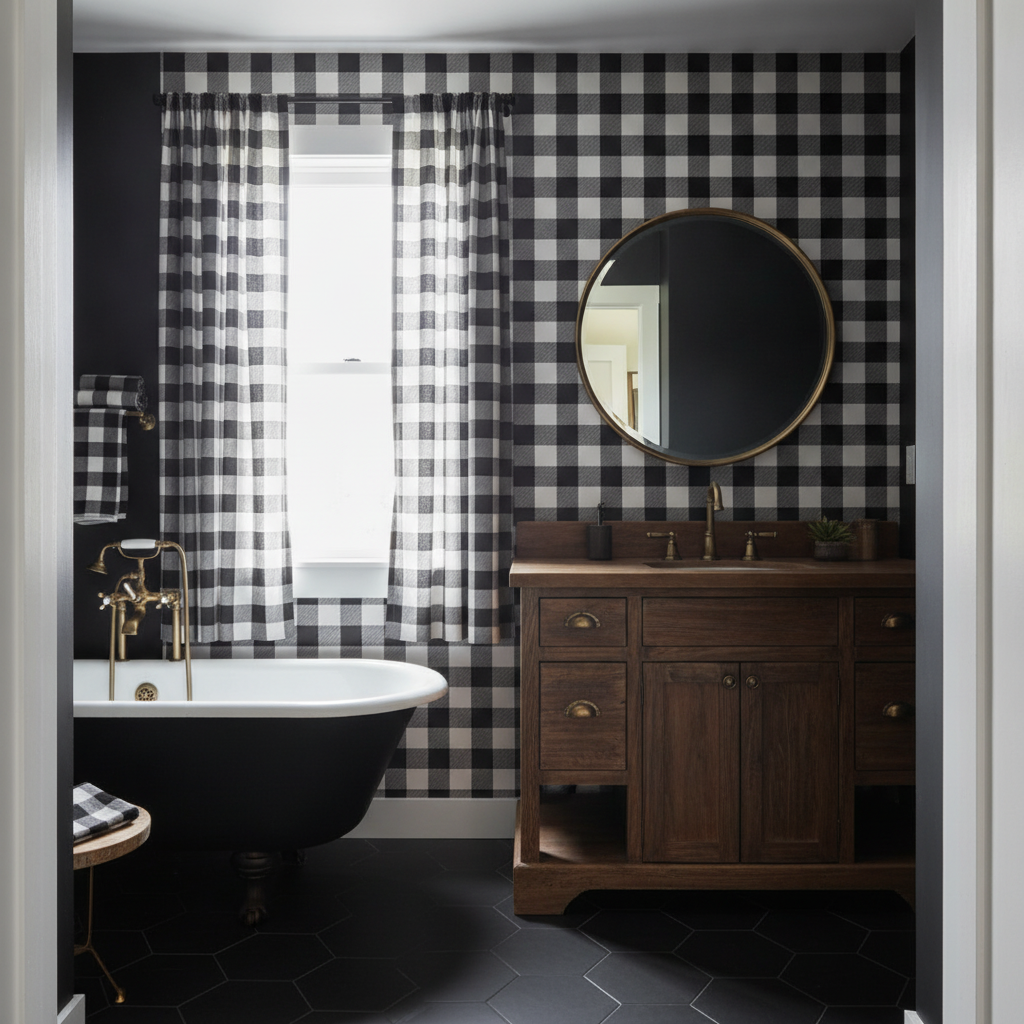 A full view of a rustic black bathroom with buffalo check wallpaper on an accent wall, matching fabric curtains, a dark wooden vanity, and warm lighting, creating an inviting atmosphere.