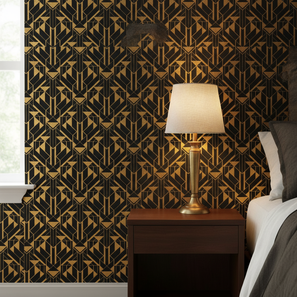 Close-up of a black bedroom wall covered in geometric Art Deco triangle wallpaper with faux gold foil, next to a dark wood bedside table.