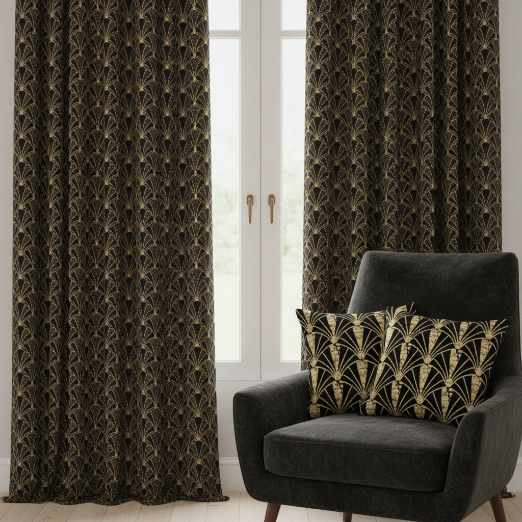 Floor-length curtains in black and gold scallop shell fabric, with matching crackled scallop shell cushions on a velvet armchair.