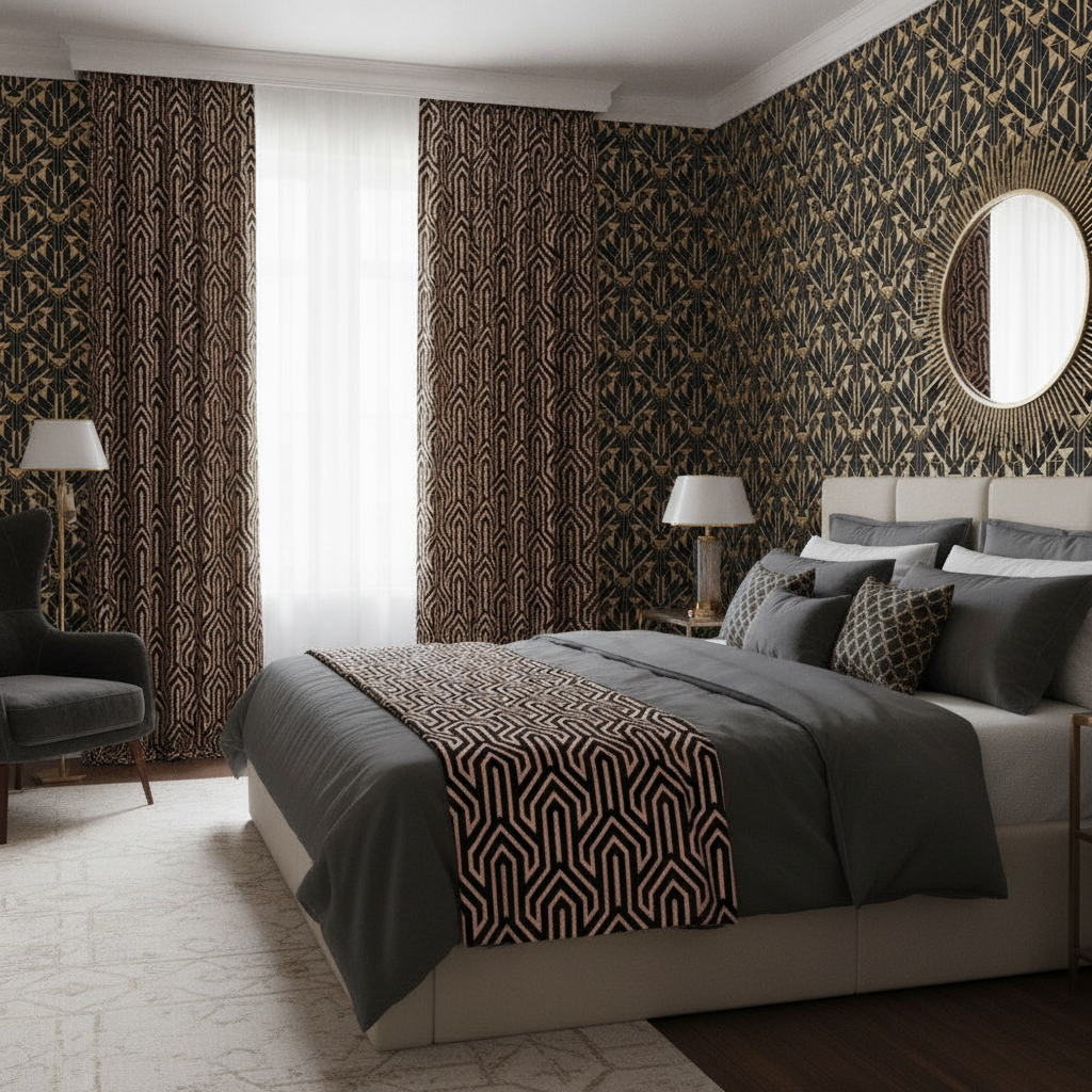 A luxurious Art Deco bedroom with a black and gold geometric feature wall, black and rose gold arrow bed runner, and black and gold scallop shell curtains, seen from the doorway.