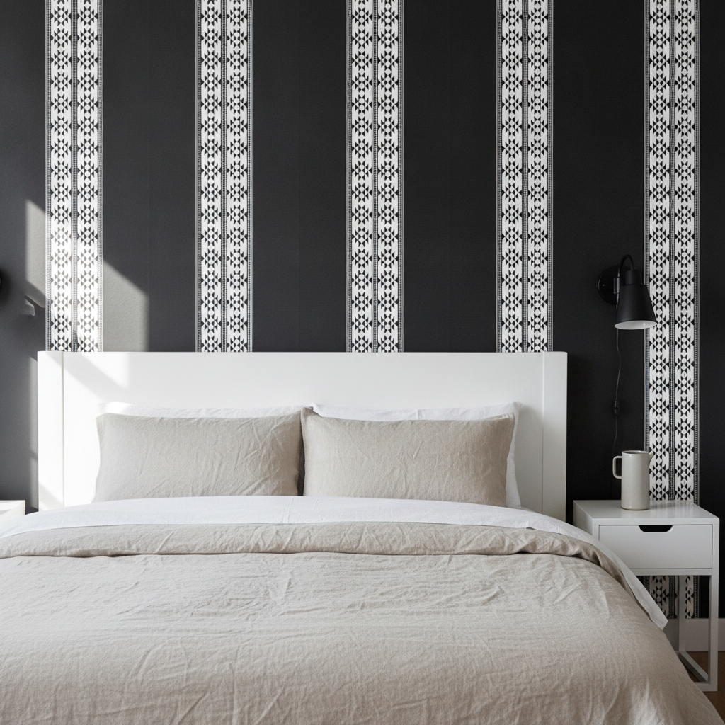 A white tribal bedroom showing a feature wall papered in Black and White 24 Inch Mega Blanket Bands with Geometric Triangle Tribal wallpaper. A simple white headboard and bed with a natural linen duvet are visible, with a matte black wall sconce above a white bedside table.