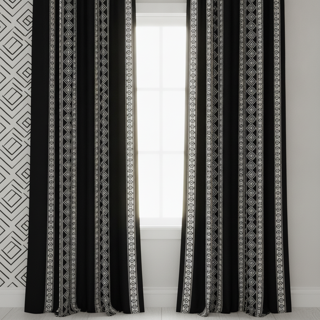 Bedroom window with curtains made from Black and White 12 Inch Jumbo Blanket Bands with Geometric Triangle Tribal fabric. The curtains are pulled back slightly, revealing a white sheer blind and a small section of a matching tribal wallpaper on an adjacent wall.