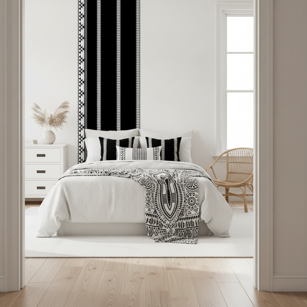 A complete view of a white tribal bedroom, showcasing the bed with patterned throw pillows and a Dashiki Fusion monochrome throw. The wall behind the bed is papered with Black and White 24 Inch Mega Blanket Bands with Geometric Triangle Tribal wallpaper. The room features white walls, natural textures, and minimalist furniture.