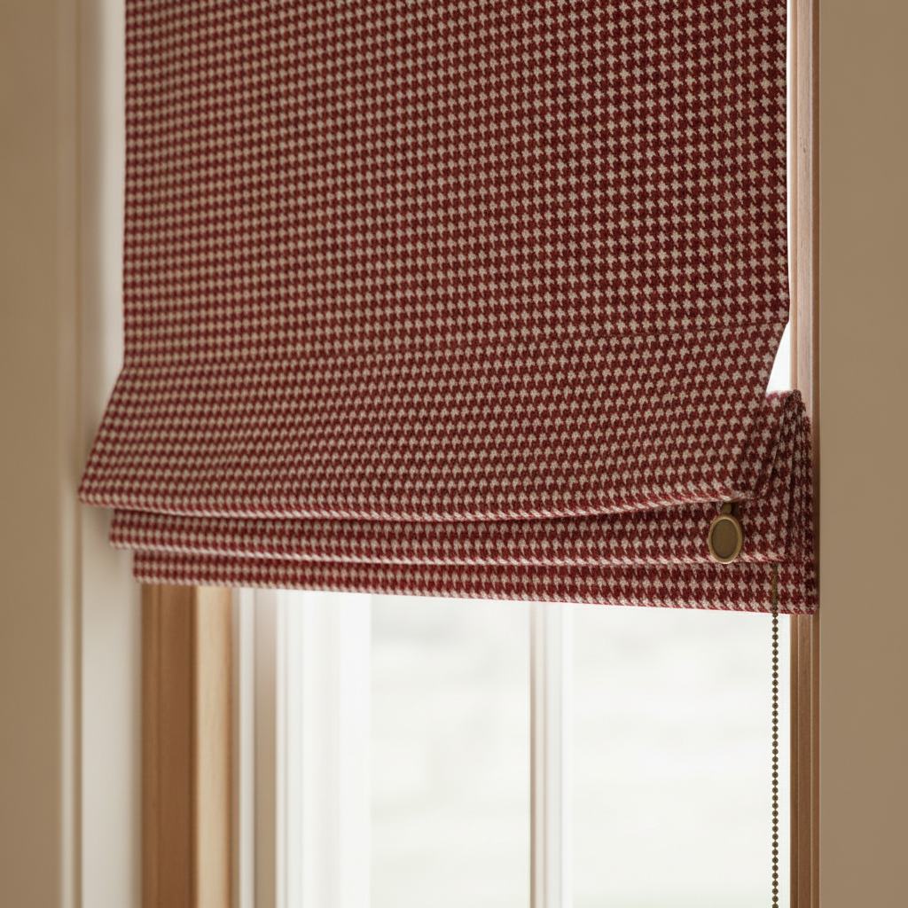 A modern Roman blind in Dark Christmas Candy Apple Red Houndstooth Check fabric, with a subtle brass pull, hangs neatly in a hallway window.
