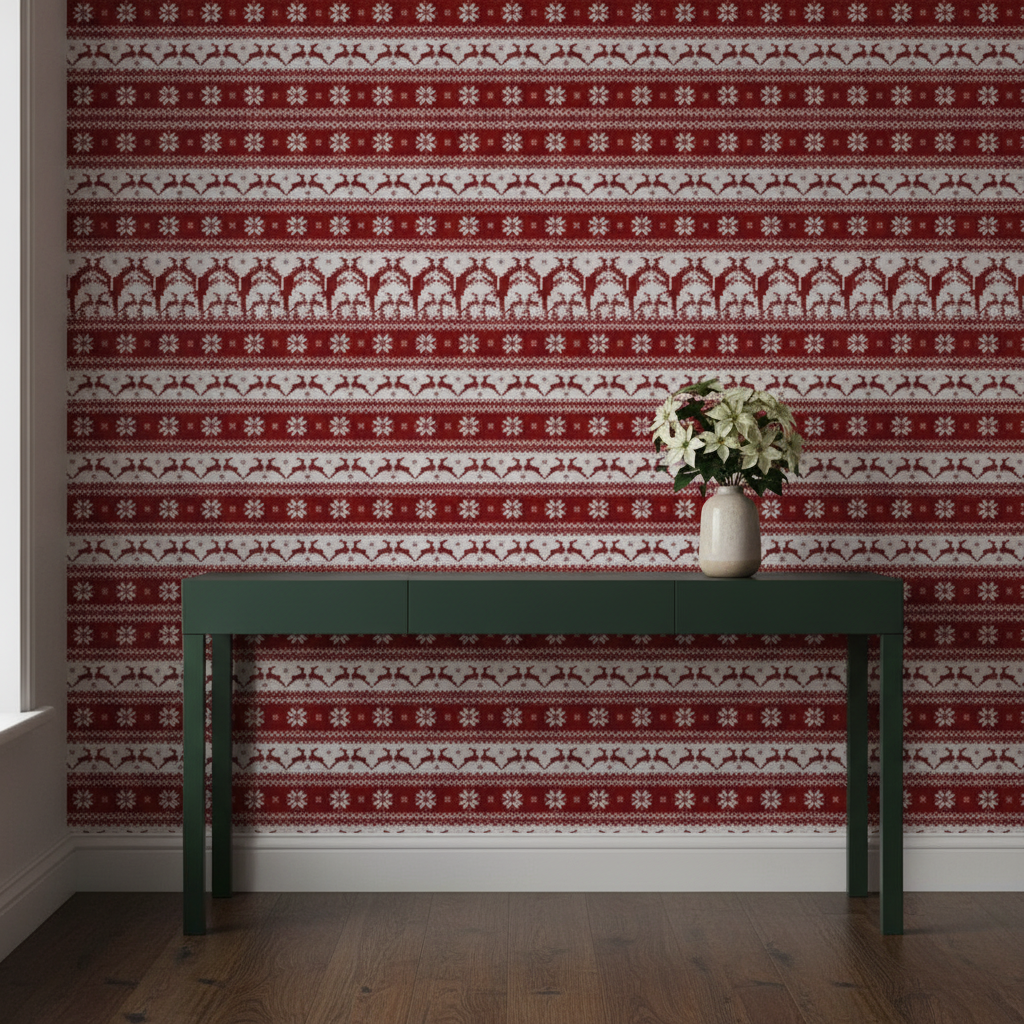 A feature wall adorned with Large Dark Christmas Candy Apple Red Nordic Reindeer Stripe wallpaper, featuring reindeer and poinsettias, behind a minimalist dark green console table with a ceramic vase.