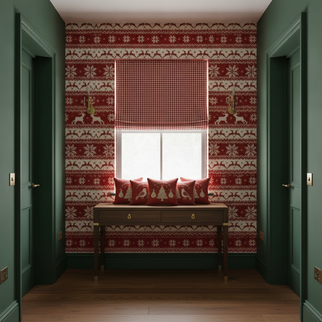 A wide view of a modern Christmas hallway featuring deep green painted walls, a statement wall with Large Dark Christmas Candy Apple Red Nordic Reindeer Stripe wallpaper, a window dressed with a Dark Christmas Candy Apple Red Houndstooth Check Roman blind, a console table with Partridge in a Pear Tree cushions, and elegant aged brass hardware.