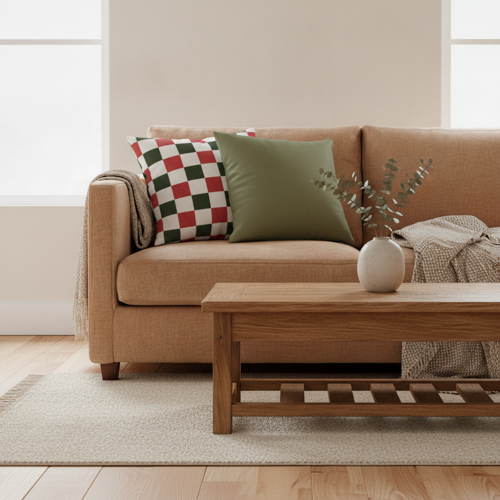 A warm and inviting rustic living room with a beige sofa, two reversible cushions showing green checkered and olive solid sides, a low wooden coffee table, and soft lighting.