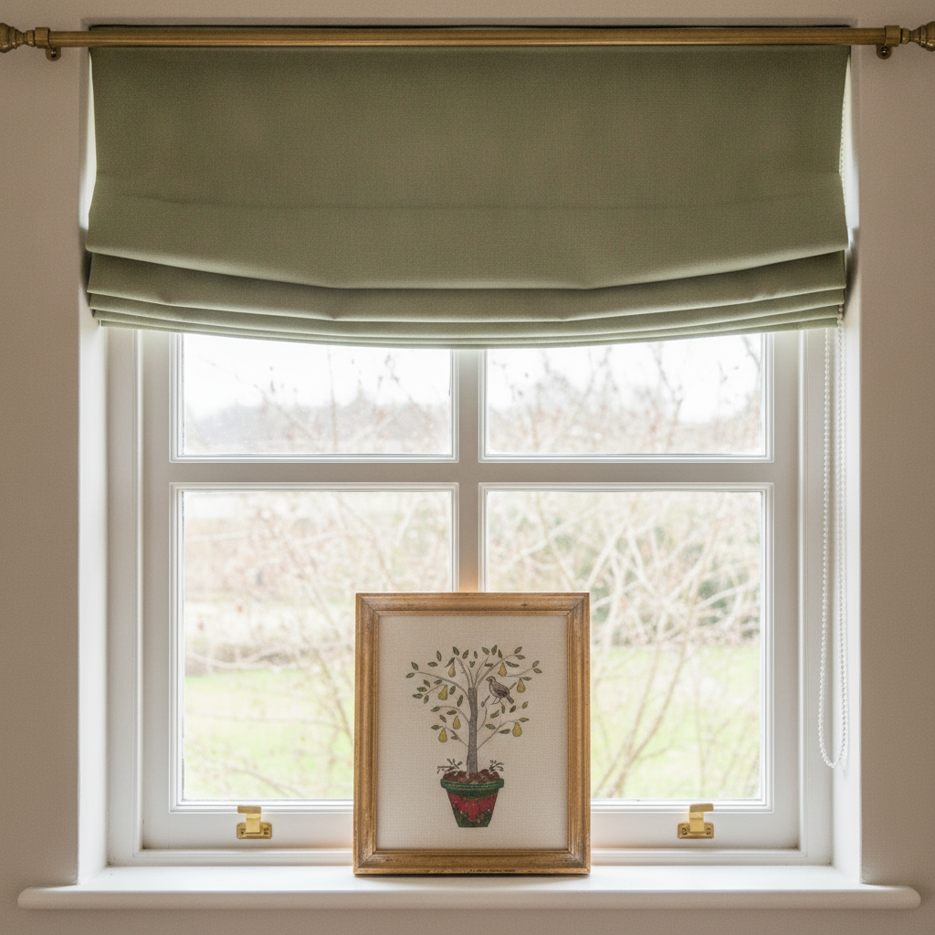 A window in a rustic living room with a muted olive green Roman blind, an aged brass curtain rod visible, and a small, framed fabric image of a partridge in a pear tree on the sill.