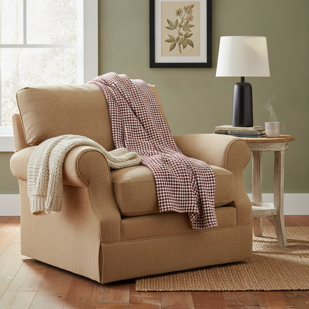 A close-up of a cozy reading nook in a rustic living room, showing a cream armchair, a throw blanket with a bold dark red houndstooth edge, and a dark ceramic lamp on a wooden side table.