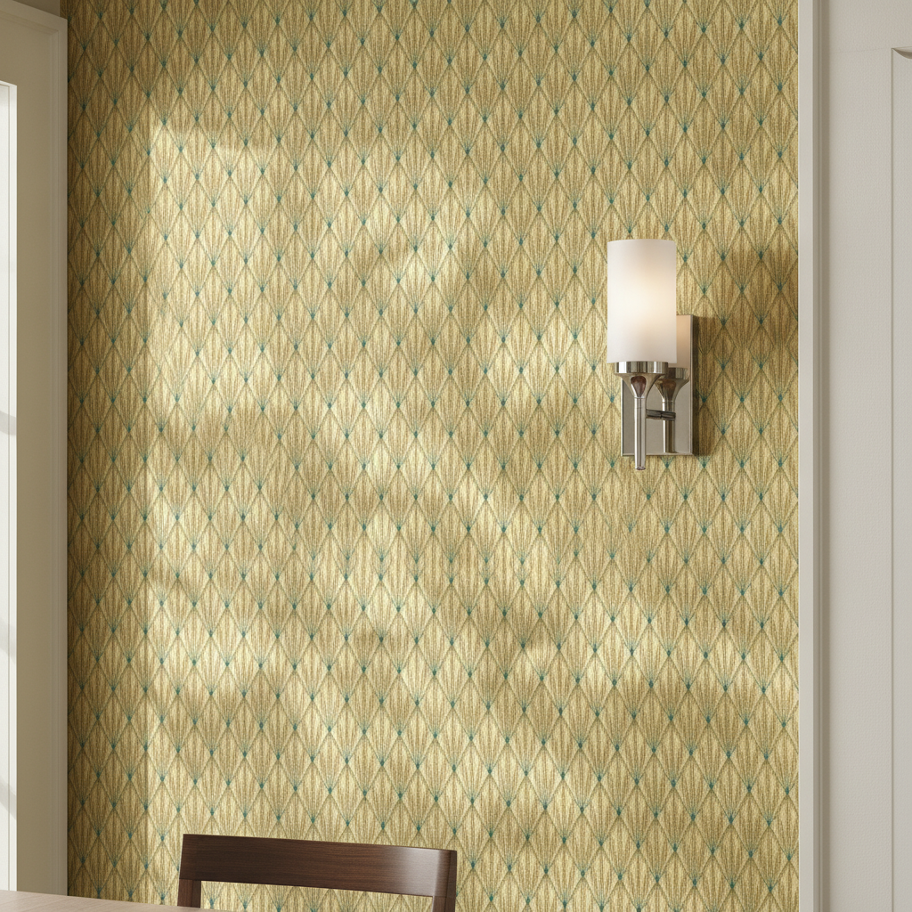 Detail of a dining room wall featuring Teal and Faux Gold Foil Vintage Art Deco Fan Pattern wallpaper with splayed fan motifs and gold foil, beside a polished nickel sconce.