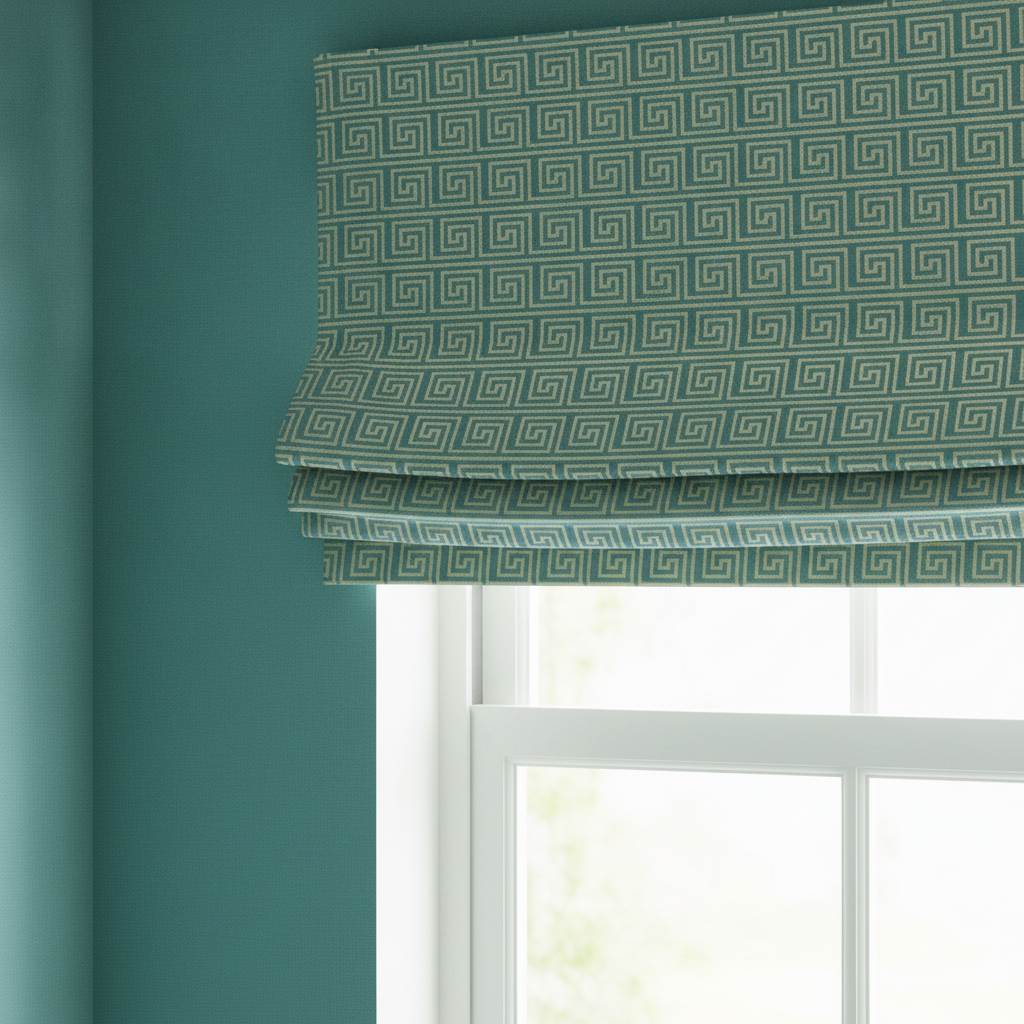 Close-up of a Roman blind in Teal and Faux Gold Foil Vintage Art Deco Fan Pattern fabric, with the adjacent wall covered in Solid Teal Art Deco Lunar Fusion Collection wallpaper.