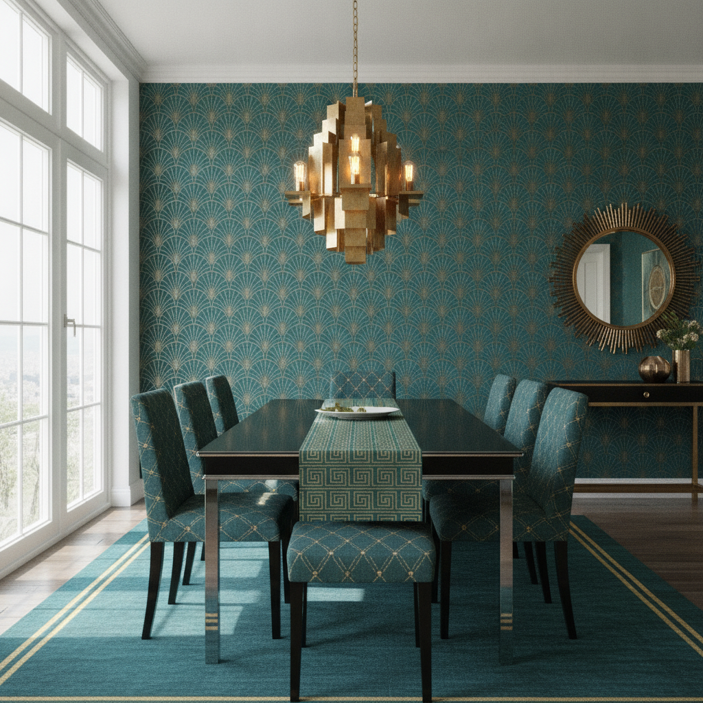 Full view of an Art Deco dining room decorated in teal and gold, showcasing a patterned wallpaper, a dining table with a fabric runner, and elegant lighting.