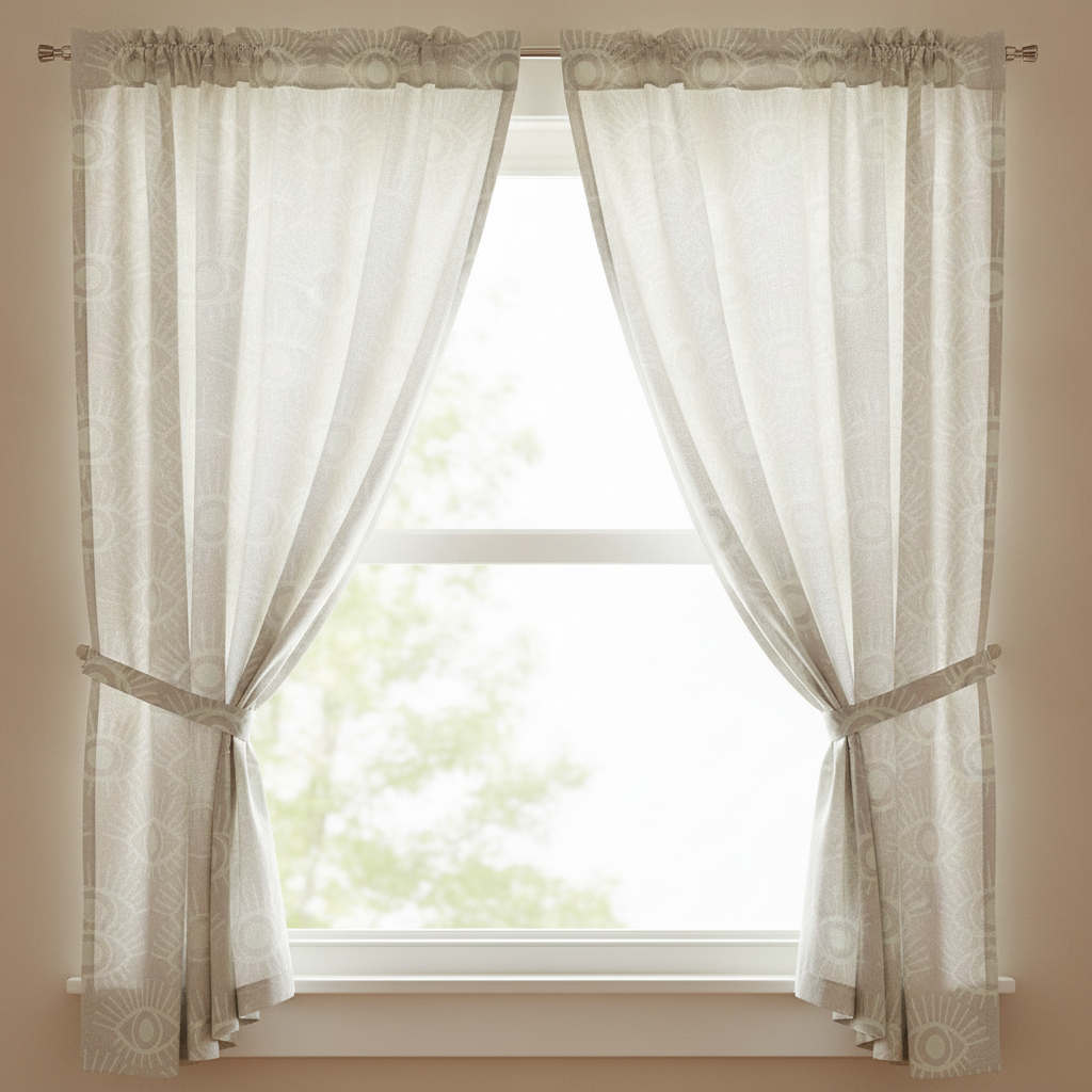 Two cafe curtain panels made from a fabric with soft sage green and driftwood grey mystical eye symbols, hanging on a window in a bohemian dining room.