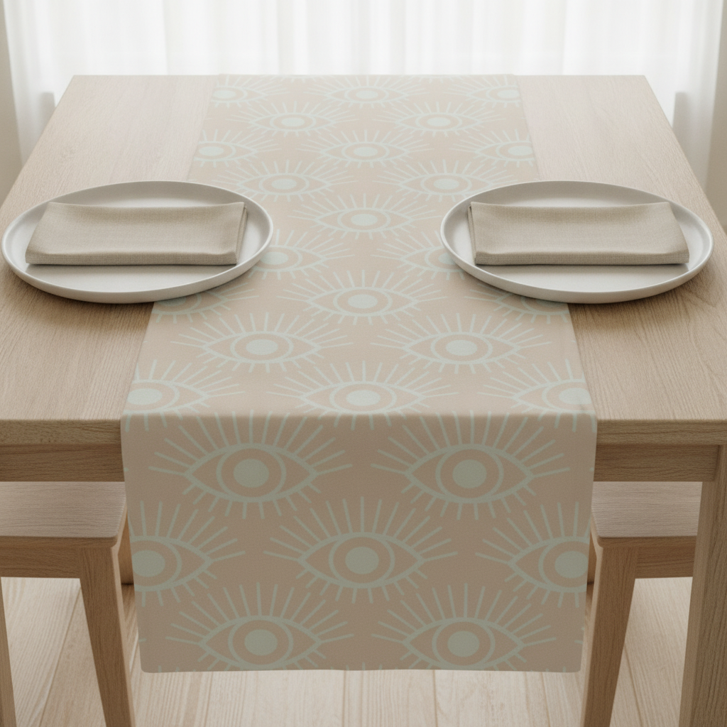 A dining table runner featuring widely spaced mystical eye symbols in pale sage green and driftwood grey, laid beneath two ceramic plates and linen napkins.