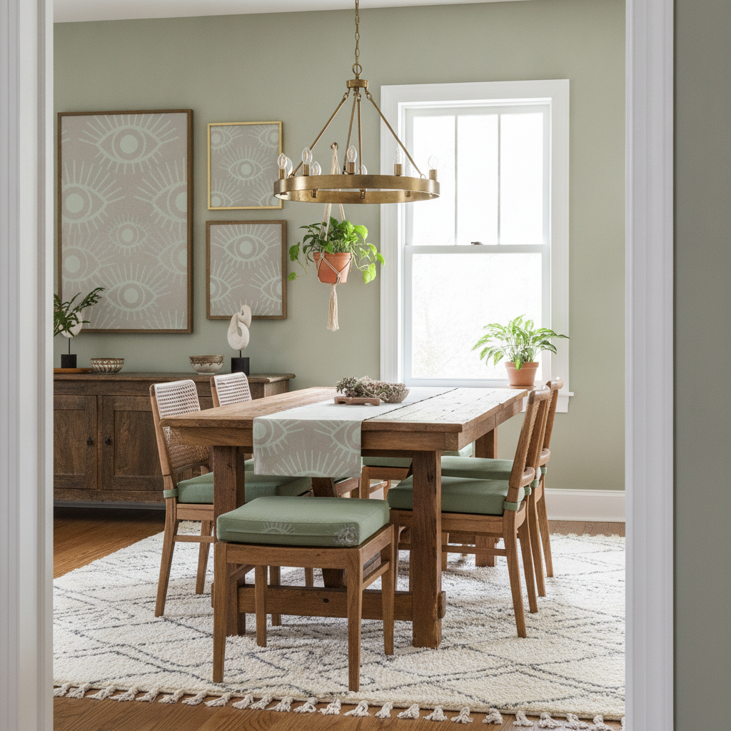 An inviting bohemian dining room with muted green walls, a light wood dining table, chairs with sage green cushions, and window treatments showcasing mystical eye symbol fabric, all bathed in soft natural light.