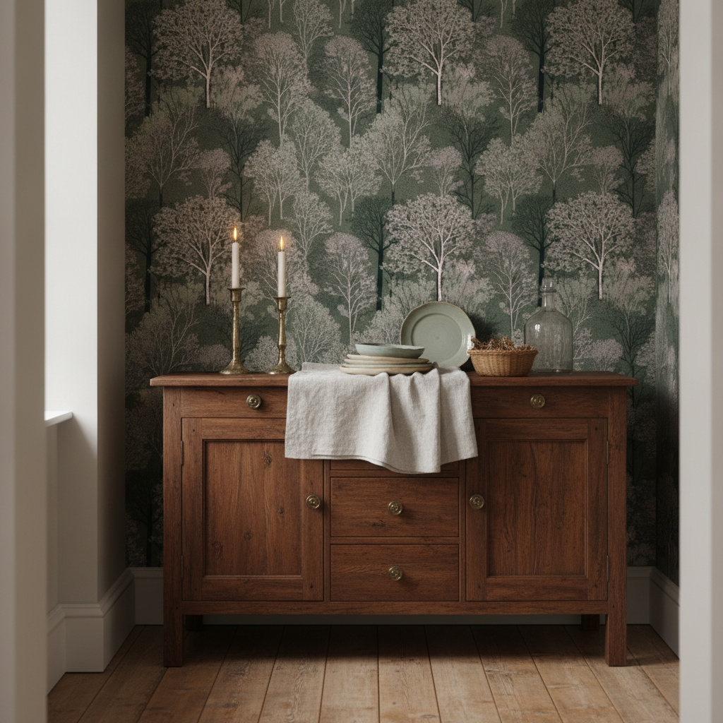 Dining room alcove with New England Endless Forest Trees in Mossy Green Winter wallpaper, showing white and cream trees against an earthy green, above a dark wood sideboard with brass candlesticks.