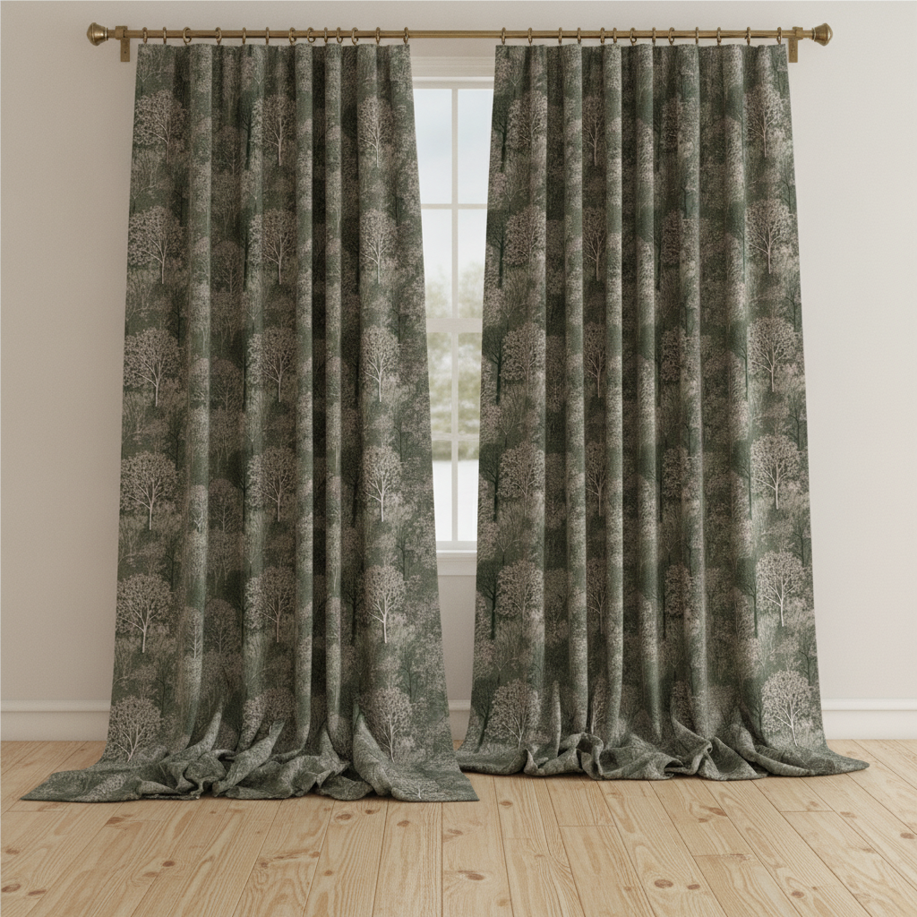 Full-length curtains made from New England Endless Forest Trees in Mossy Green Winter fabric, gently pooled on a light wood floor, with an aged brass curtain rod visible.