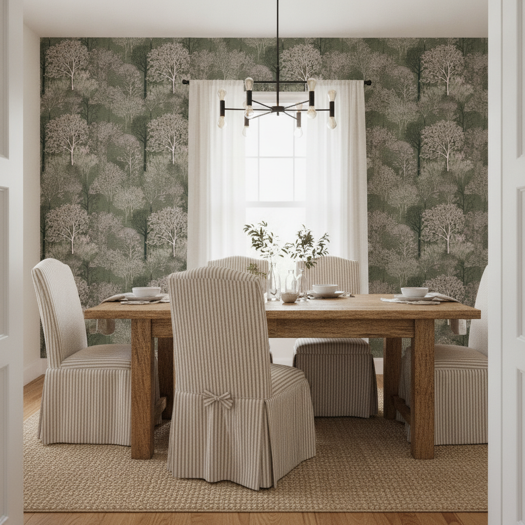 Wide shot of a rustic dining room featuring a long wooden table, chairs upholstered in Wood Chip Brown and White Pinstripe Dad Edit fabric, a feature wall with New England Endless Forest Trees in Mossy Green Winter wallpaper, and natural light from a window.