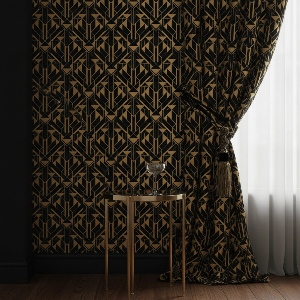 A detail of an Art Deco drawing room with a feature wall of Black and Gold Faux Foil Vintage Art Deco Geometric Triangle Pattern wallpaper and a matching gold fabric curtain tied back.