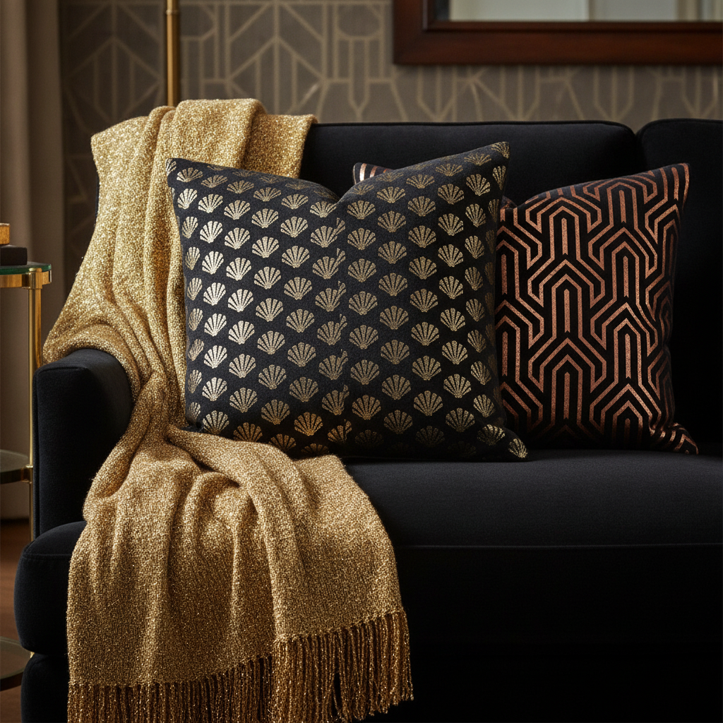 Close-up of a black velvet sofa with two Art Deco cushions: one in Mini Scallop Shells in Black and Gold Art Deco Vintage Foil Pattern fabric and another in Copper Rose Gold and Black Art Deco Jumbo Geometric Arrows fabric.