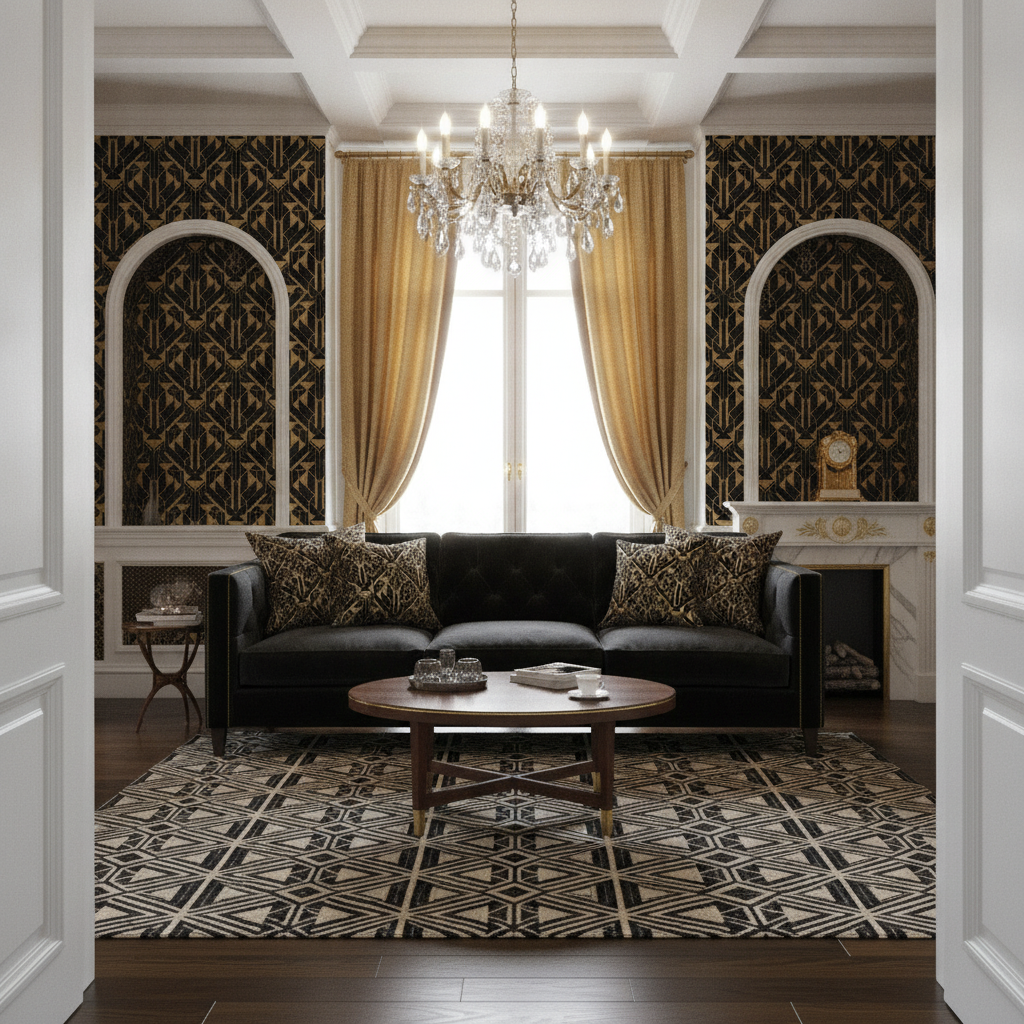 A wide view of a sophisticated Art Deco drawing room in black and gold, featuring a black velvet sofa, a fireplace with wallpapered alcoves, elegant gold curtains, and a crystal chandelier.