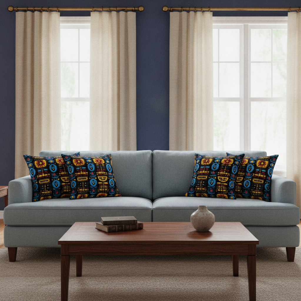 An elegant drawing room with a dark blue accent wall, a pale blue sofa, and various throw pillows displaying bold tribal patterns in yellow, pink, blue, red, and green, complemented by wooden furniture and brass hardware.