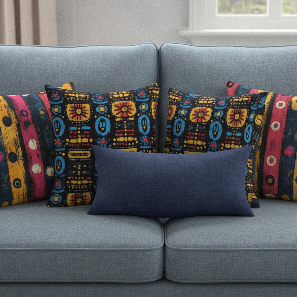 A detailed shot of mixed tribal pattern cushions on a light blue sofa, featuring designs with bold brushstrokes, abstract shapes, colorful squares, and prominent circles in yellow, blue, red, pink, and green hues.