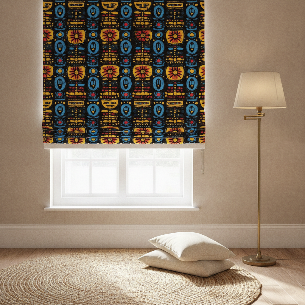 A drawing room window dressed with a striking tribal brushstroke pattern Roman blind, surrounded by crisp white trim, next to an antique brass floor lamp, with a textured jute rug visible on the floor.