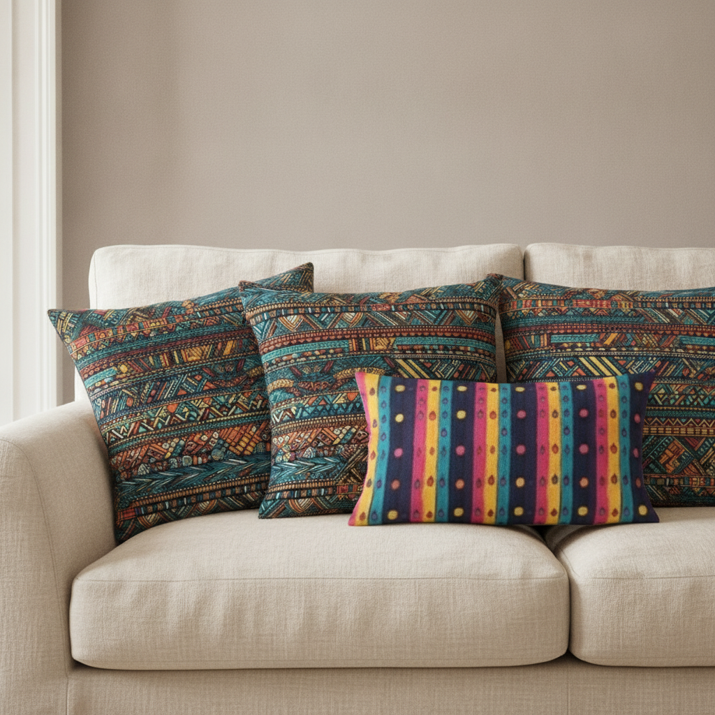 Sofa with "Tribal Mudcloth Boho Ethnic Print" and "Dashiki Fusion" fabric cushions in a teal tribal drawing room.