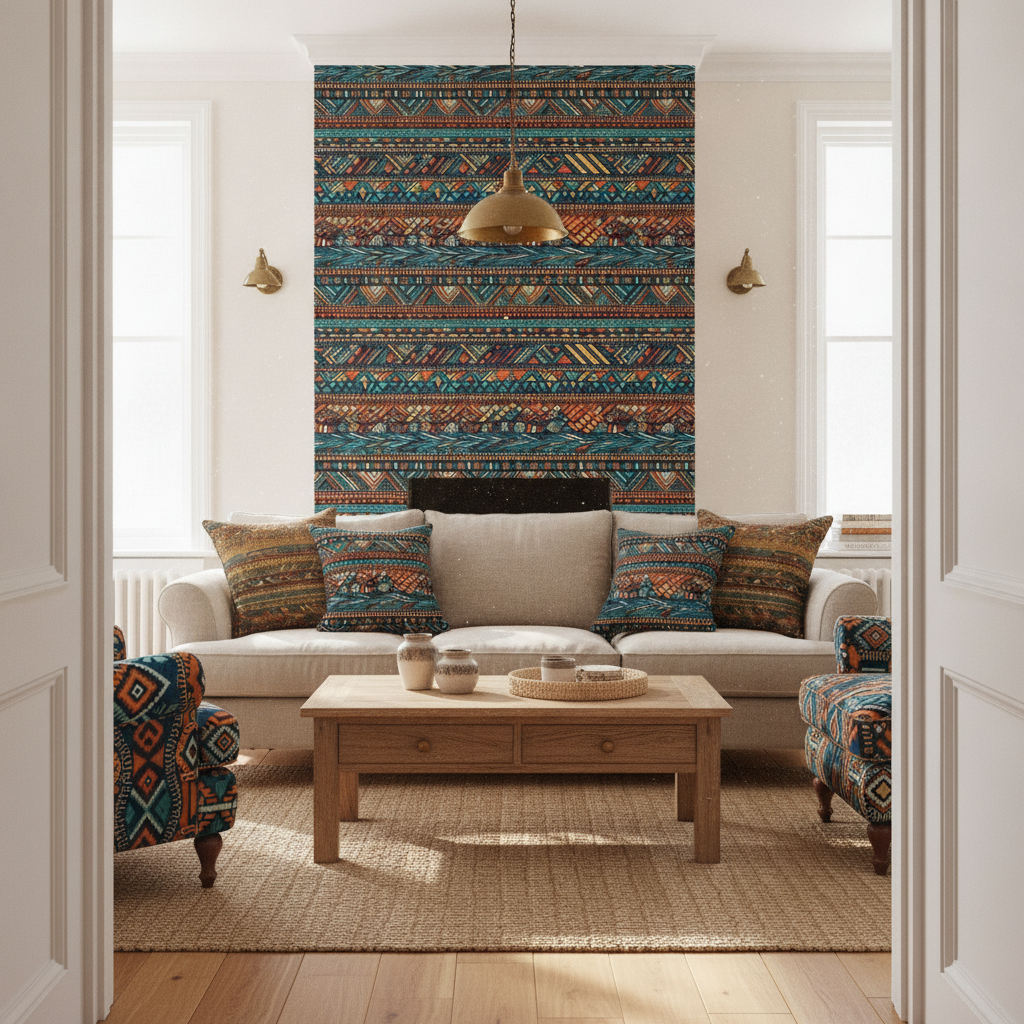 Wide shot of a tribal teal drawing room with "Tribal Mudcloth Boho Ethnic Print" wallpaper on the chimney breast, patterned cushions, and warm wood accents.