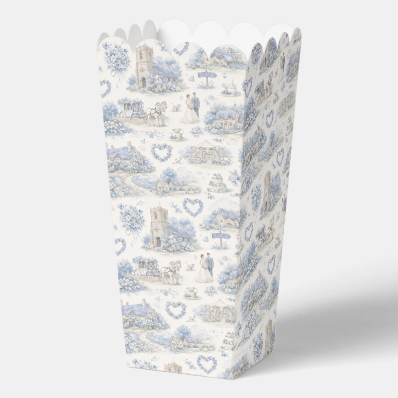 Dusty blue English village wedding watercolor favor boxes design