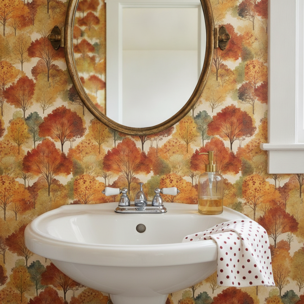 A cottagecore bathroom vanity with "Watercolor of New England Endless Forest Fall Trees" wallpaper behind an aged brass mirror and a sink with a small "Lava Falls Red Polkadots" hand towel.