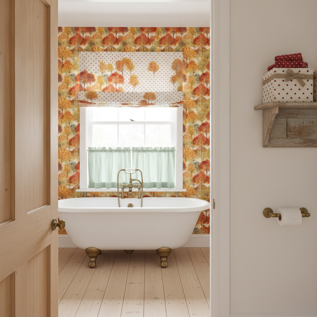 A wide shot of a pastel cottagecore bathroom for fall, featuring "Watercolor of New England Endless Forest Fall Trees" wallpaper behind a clawfoot tub, green pinstripe cafe curtains, and red polka dot fabric accents.