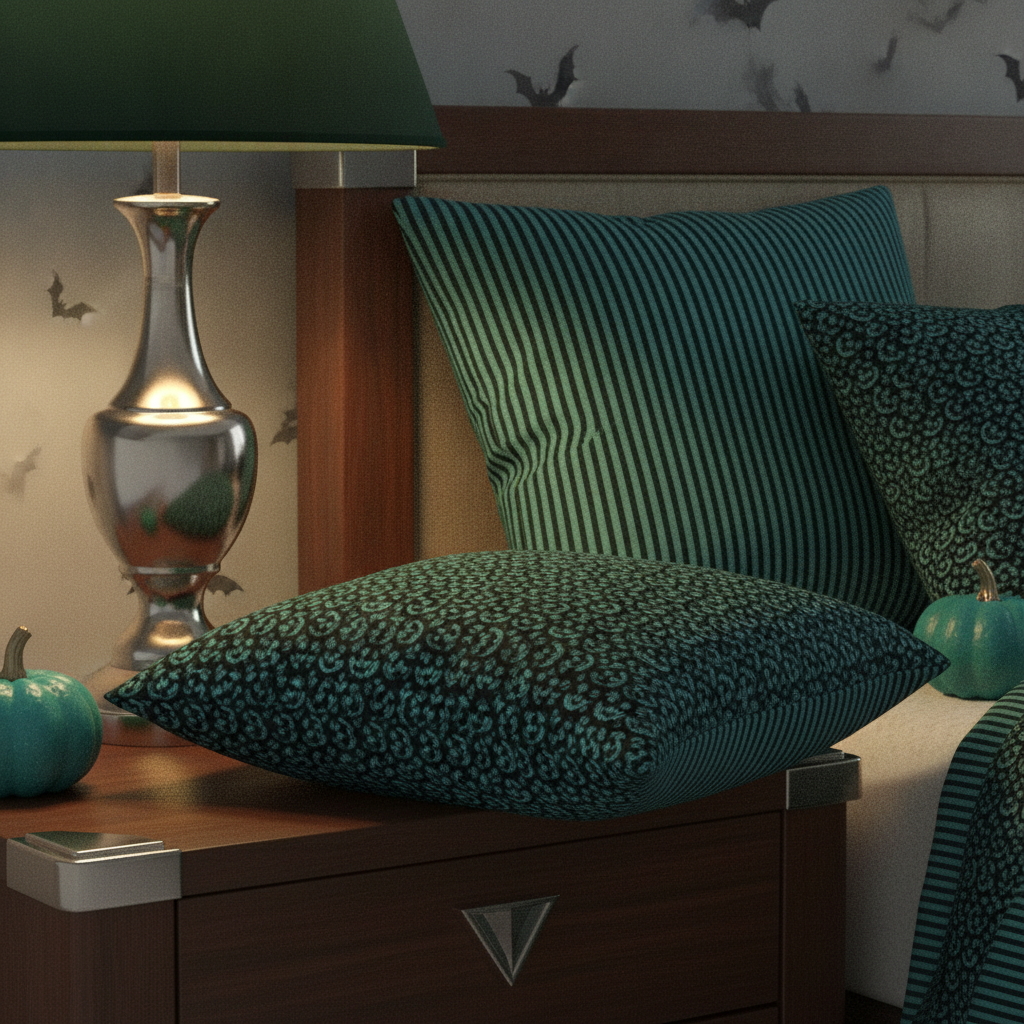 A close-up of a bedside table in an Art Deco Halloween bedroom with a reversible cushion: one side with aqua and black stripes, the other with aqua grinning faces, beside a lamp with a polished nickel base.