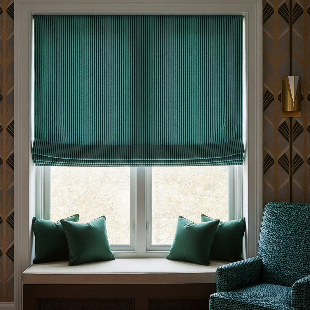 A tailored Roman blind made of aqua and black micro thin striped fabric hangs in an Art Deco Halloween bedroom window, with monster green solid throw pillows visible nearby.
