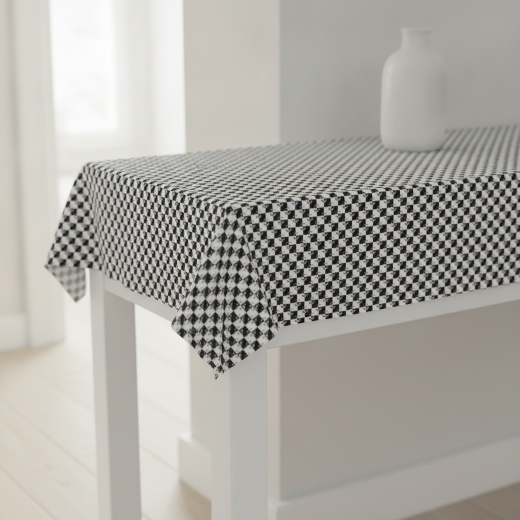 Modern white console table in a hallway with top surface adorned by Small Black and White Scales of Justice Geometric Fashion Pattern fabric.