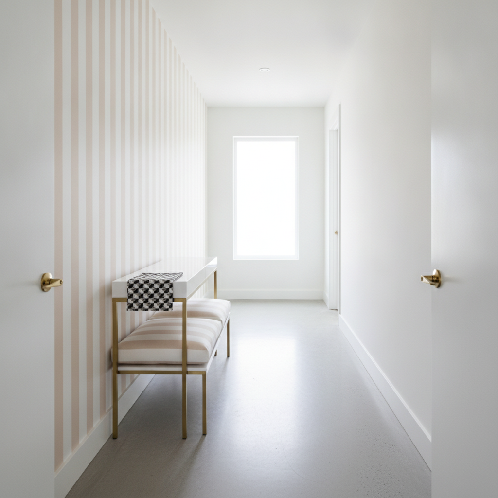 Wide view of a bright, modern white hallway featuring cabana stripe wallpaper, a minimalist white console with geometric fabric, and matching upholstered bench, all under natural light.