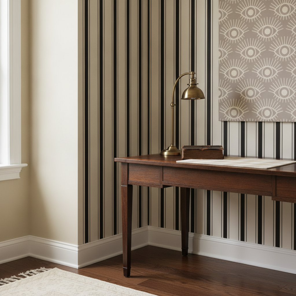 Close-up of a home office alcove with black ticking stripe wallpaper, a wooden desk, and an aged brass lamp.