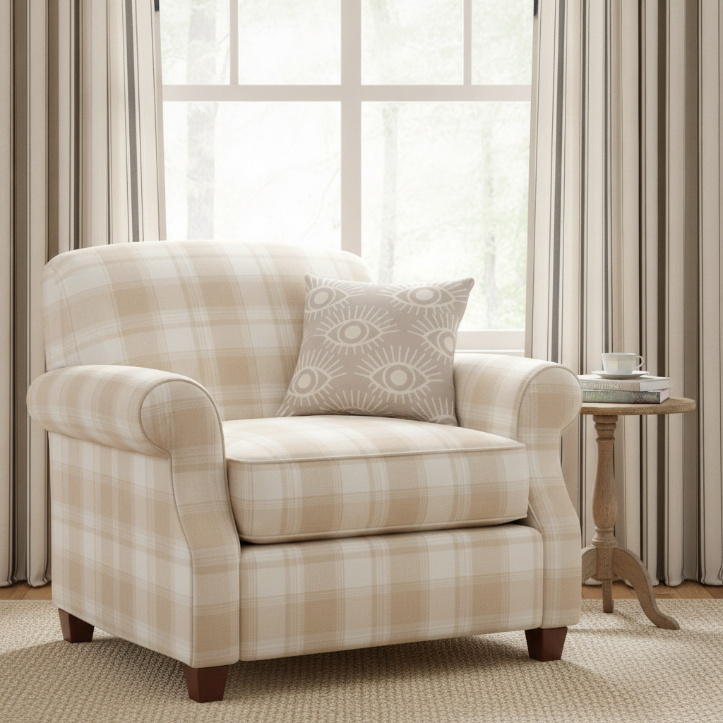 Armchair upholstered in cream tartan plaid fabric beside a window with black ticking stripe cafe curtains.