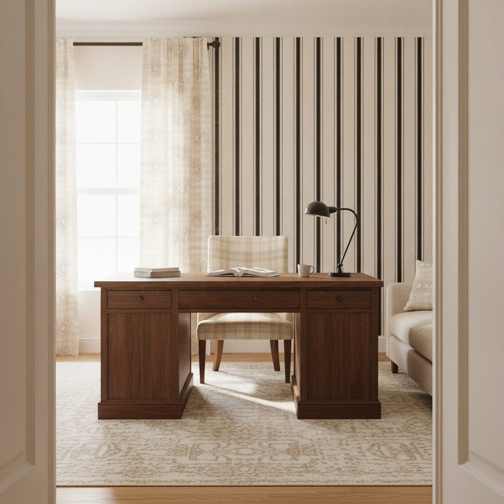 A comprehensive view of a traditional cream home office with a desk, armchair, wallpapered accent wall, and coordinating textiles.