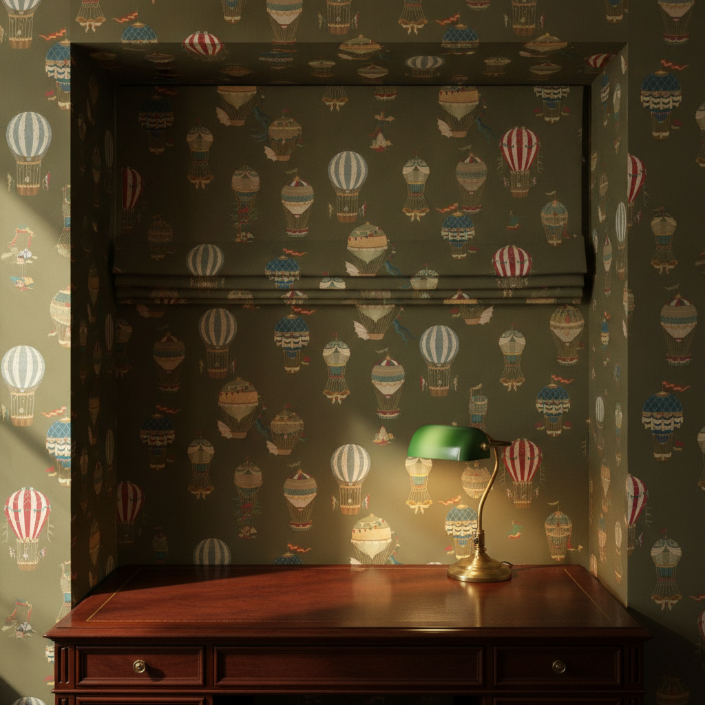 Close-up of a vintage home office alcove with "Vintage Hot Air Balloons on Khaki Green" wallpaper and matching fabric Roman blind, dark wood desk, and aged brass lamp.